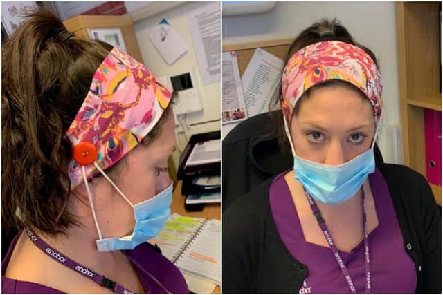 Palmersdene Care Home staff wearing the headbands that help to secure face masks.