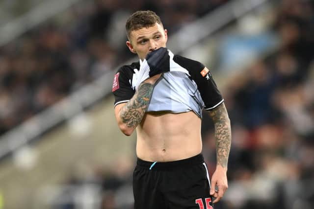 Newcastle player Kieran Trippier reacts during the Emirates FA Cup Third Round match between Newcastle United and Cambridge United at St James' Park on January 08, 2022 in Newcastle upon Tyne, England. (Photo by Stu Forster/Getty Images)