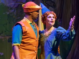 Robin Hood (Marcquelle Ward) and Maid Marian (Lucy Elizabeth Davis) shine on stage in the Customs House panto.
