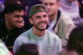 James Maddison, Leicester City and the England Footballer enjoys the darts during Day Nine of The Cazoo World Darts Championship  at Alexandra Palace on December 23, 2022 in London, England. (Photo by Luke Walker/Getty Images)