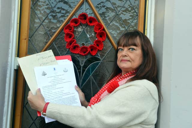 Anne Sutcliffe with the research to get the WW1 solider William Francis Blake blue plaque erected on the house at Hill Street, Jarrow.