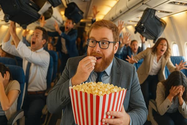 What better inflight entertainment than the mayhem of disembarking passengers?   Image created by AI.