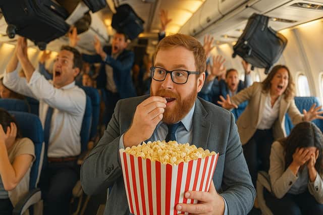 What better inflight entertainment than the mayhem of disembarking passengers? Image created by AI.