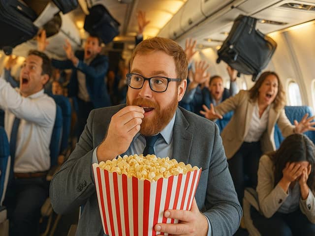What better inflight entertainment than the mayhem of disembarking passengers?   Image created by AI.