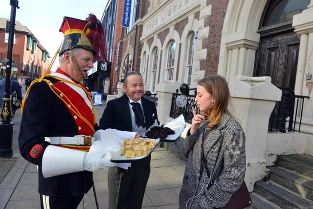 The Victorian Pantry Tea Room in South Shields Museum and Art Gallery celebrates 10-year anniversary with the Time Bandits Victorian re-enactment group's Tony Hall as a Victorian war hero and Nick Dolan dressed as a Victorian butler giving out free cake.