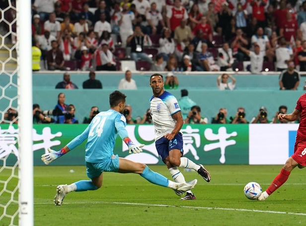 England's Callum Wilson squares the ball for team-mate Jack Grealish to score their side's sixth goal.