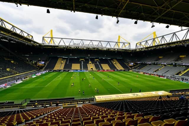 A view inside the stadium during the Bundesliga match between Borussia Dortmund and FC Schalke 04 at Signal Iduna Park.