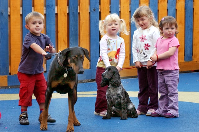 Children from Cleadon Village Kindergarten were pictured with dogs Cassie and Sally on National Take Your Dog To Work Day in 2005.