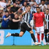 NEWCASTLE UPON TYNE, ENGLAND - AUGUST 06: Fabian Schar of Newcastle United celebrates scoring their side's first goal during the Premier League match between Newcastle United and Nottingham Forest at St. James Park on August 06, 2022 in Newcastle upon Tyne, England. (Photo by Stu Forster/Getty Images)