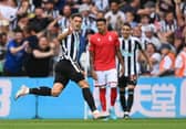 NEWCASTLE UPON TYNE, ENGLAND - AUGUST 06: Fabian Schar of Newcastle United celebrates scoring their side's first goal during the Premier League match between Newcastle United and Nottingham Forest at St. James Park on August 06, 2022 in Newcastle upon Tyne, England. (Photo by Stu Forster/Getty Images)