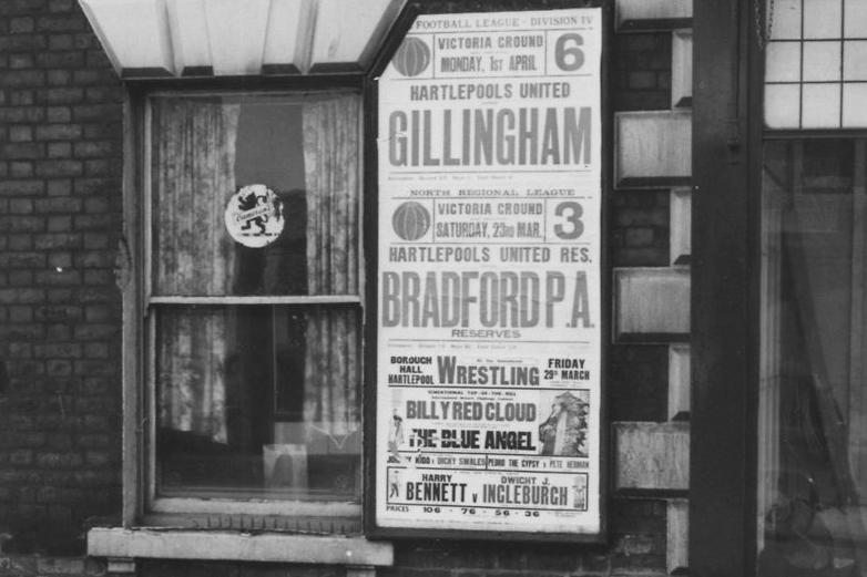 An advert on the wall of the Ward Jackson in Lynn Street advertises two Hartlepool United matches as well as wresting at the Borough Hall. The pub on the corner of Lynn Street and Musgrave Street was demolished in 1978. Photo: Hartlepool Museum Service.