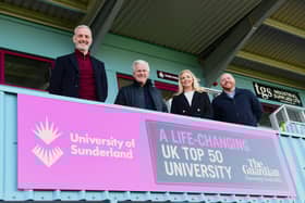 From left: Lee Picton, sporting director at South Shields FC, Lorraine Robertson, head of international development at the University of Sunderland, Geoff Thompson, chairman/owner of South Shields FC, and Tom Atkinson, international development officer at the University of Sunderland. Photo: Kev Wilson.