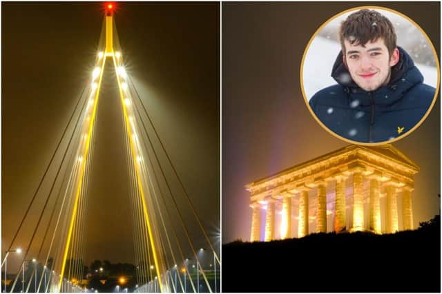 Sunderland's Northern Spire Bridge and Penshaw Monument were lit up yellow in honour of South Shields teen Kai Heslop. Images by Steven Lomas.