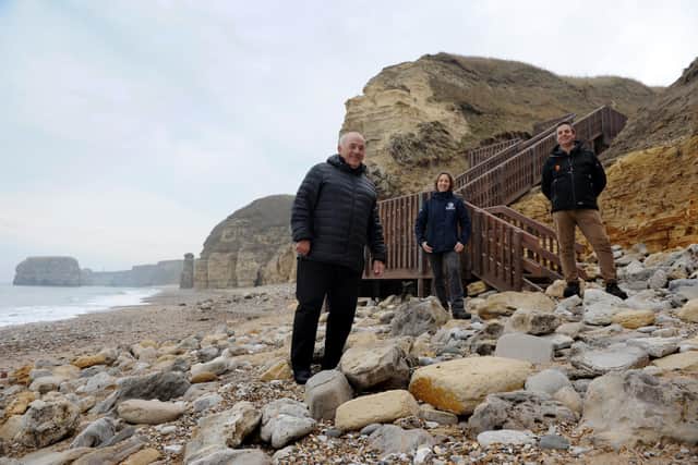 South Tyneside Council Cllr Ernest Gibson, with The National Trust's Eric Walton, and Seascapes Karen Daglish, at the newly installed Marsden Bay steps.
