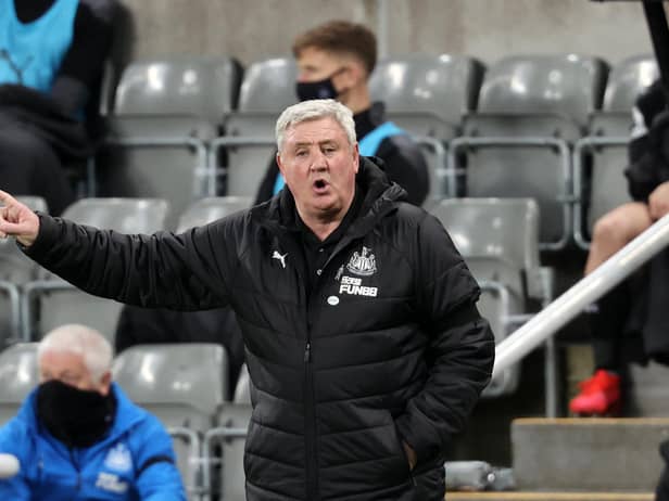 Newcastle United's head coach Steve Bruce gestures from the sidelines during the English Premier League football match between Newcastle United and Aston Villa at St James's Park