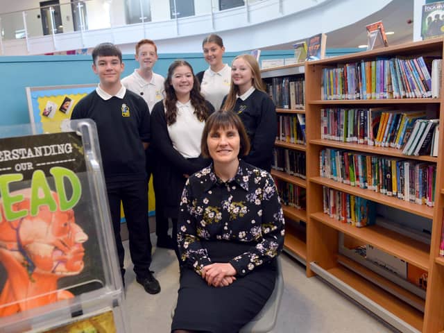 Jarrow School has been celebrating being judged as good in its latest Ofsted report. Headteacher Jill Gillies with Year 11 prefects Thomas Short, 16, Neve Connolly, 15, Anya Roughton, 16,  Roan McGibbon, 16, and Emily Miller, 15.