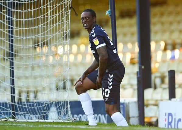 Nile Ranger of Southend United reacts to getting an injury during the Sky Bet League Two match between Southend United and Salford City.