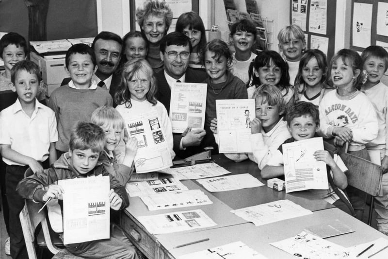 Sandford Goudie and George Miller with 'editor' Alison Galbraith and her team of reporters at Monkton School. Remember this from 1987?