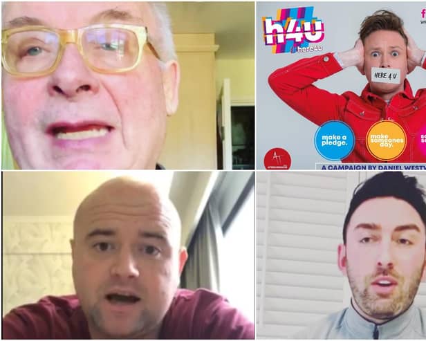 Just some of the familiar faces backing mental health campaign Here4U by Daniel Westwood (top right), Christopher Biggins (top left), Danny Posthil (botton left) and Mark Douglass from Channel Four's Five Guys A Week.