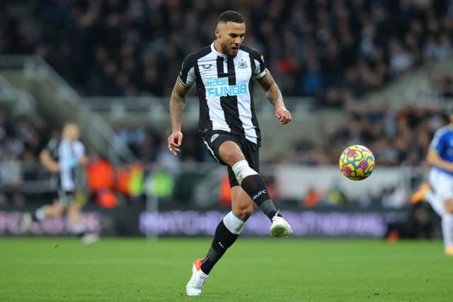 Jamaal Lascelles of Newcastle United controls the ball during the Premier League match between Newcastle United  and  Everton at St. James Park on February 08, 2022 in Newcastle upon Tyne, England. (Photo by Alex Livesey/Getty Images)