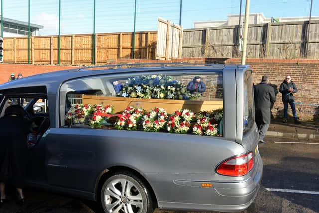 Funeral of Allan Stone outside his barber shop at Laygate.