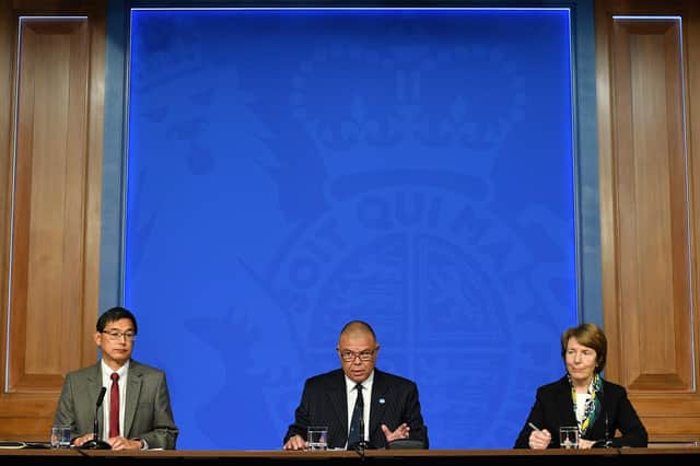 (Left to right) Professor Wei Shen Lim, chair of the Joint Committee on Vaccination and Immunisation (JCVI), Deputy Chief Medical Officer for England Professor Jonathan Van Tam and Dr June Raine, Chief Executive of the Medicines and Healthcare products Regulatory Agency (MHRA), during a media briefing in Downing Street, London, on coronavirus (Covid-19). Picture date: Tuesday September 14, 2021.