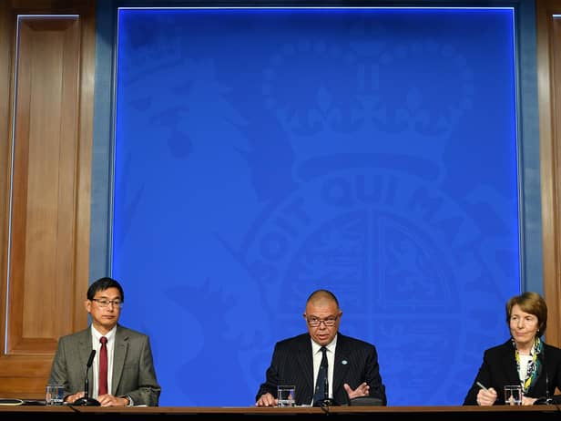(Left to right) Professor Wei Shen Lim, chair of the Joint Committee on Vaccination and Immunisation (JCVI), Deputy Chief Medical Officer for England Professor Jonathan Van Tam and Dr June Raine, Chief Executive of the Medicines and Healthcare products Regulatory Agency (MHRA), during a media briefing in Downing Street, London, on coronavirus (Covid-19). Picture date: Tuesday September 14, 2021.