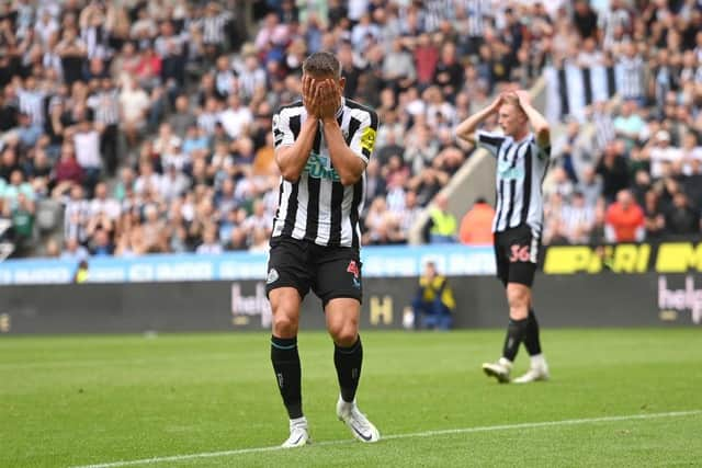 Newcastle player Sven Botman holds his head in despair after a near miss during the Premier League match between Newcastle United and Crystal Palace at St. James Park on September 03, 2022 in Newcastle upon Tyne, England. (Photo by Stu Forster/Getty Images)