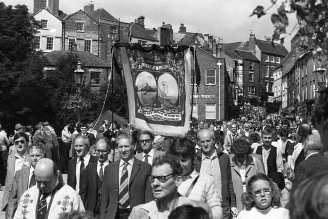The Westoe Lodge Banner at the Durham Miners Gala in July 1982. Today would have been 'Big Meeting' day, but it was cancelled due to the pandemic.