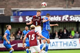 South Shield's Dillon Morse wins a header