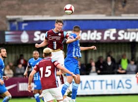 South Shield's Dillon Morse wins a header