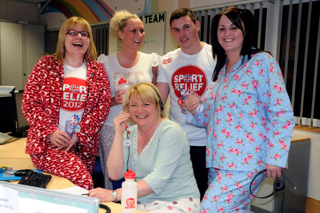 Ross Beacher and his colleagues Amanda Henderson, Rachael Bell, Leanne Nicholson and Toni Bilton were raising laughs and money,  while taking calls for Sport Relief at Barclays Call centre in Doxford Business Park in 2012.