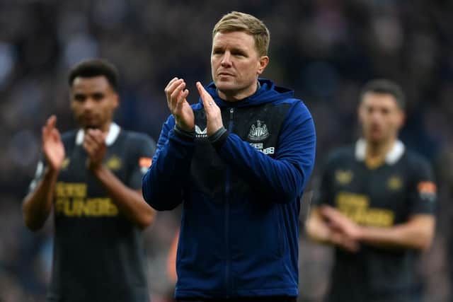 Eddie Howe, Manager of Newcastle United applauds the fans following defeat in the Premier League match between Tottenham Hotspur and Newcastle United at Tottenham Hotspur Stadium on April 03, 2022 in London, England. (Photo by Mike Hewitt/Getty Images)