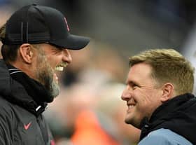 Eddie Howe and Jurgen Klopp ahead of the clash between Newcastle United and Liverpool in February (Photo by OLI SCARFF/AFP via Getty Images)