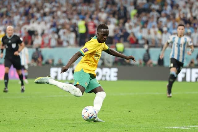 Garang Kuol of Australia shoots during the FIFA World Cup Qatar 2022 Round of 16 match between Argentina and Australia at Ahmad Bin Ali Stadium on December 03, 2022 in Doha, Qatar. (Photo by Francois Nel/Getty Images)