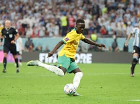 Garang Kuol of Australia shoots during the FIFA World Cup Qatar 2022 Round of 16 match between Argentina and Australia at Ahmad Bin Ali Stadium on December 03, 2022 in Doha, Qatar. (Photo by Francois Nel/Getty Images)