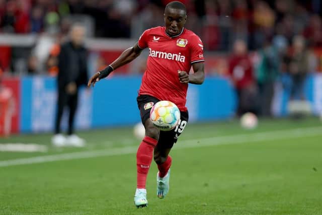 Moussa Diaby of Leverkusen runs with the ball during the Bundesliga match between Bayer 04 Leverkusen and 1. FC Union Berlin at BayArena on November 06, 2022 in Leverkusen, Germany. (Photo by Lars Baron/Getty Images)