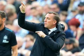 Brendan Rodgers gestures on the touchline during the English Premier League football match between Newcastle United and Leicester City at St James' Park in Newcastle-upon-Tyne, north east England on April 17, 2022. (Photo by LINDSEY PARNABY/AFP via Getty Images)