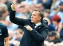 Brendan Rodgers gestures on the touchline during the English Premier League football match between Newcastle United and Leicester City at St James' Park in Newcastle-upon-Tyne, north east England on April 17, 2022. (Photo by LINDSEY PARNABY/AFP via Getty Images)