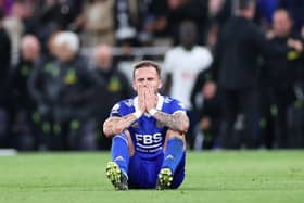 James Maddison of Leicester City reacts after the final whistle in the Premier League match between Tottenham Hotspur and Leicester City at Tottenham Hotspur Stadium on September 17, 2022 in London, England. (Photo by Ryan Pierse/Getty Images)