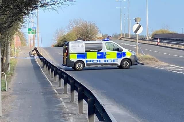Police at the slip road from the A184 to the A194 Leam Lane at Whitemare Pool roundabout on Good Friday, April 2.