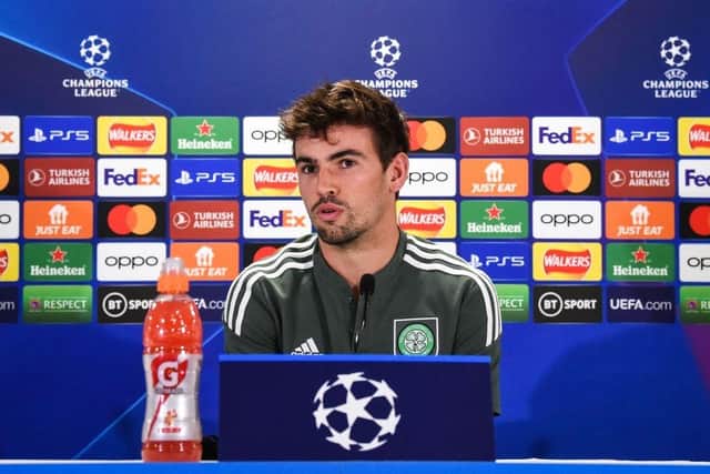 Celtic's English midfielder Matt O'Riley speaks during a press conference at Celtic Park in Glasgow on September 5, 2022, on the eve of their UEFA Champions League Group F football match against Real Madrid. (Photo by ANDY BUCHANAN / AFP) (Photo by ANDY BUCHANAN/AFP via Getty Images)