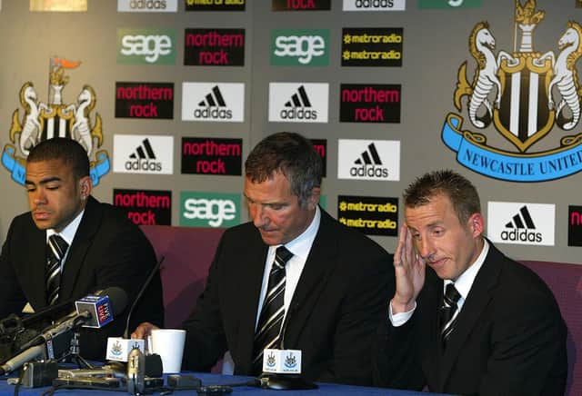Newcastle United manager Graeme Souness with players Kieron Dyer and Lee Bowyer during a press conference following the Barclays Premiership match against Aston Villa at St James' Park. Bowyer and Dyer were both sent off for fighting each other in brawl during the match.