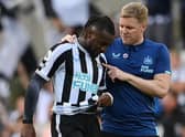Allan Saint-Maximin of Newcastle United talks with Eddie Howe, Manager of Newcastle United, after the final whistle of the Premier League match between Newcastle United and Manchester City at St. James Park on August 21, 2022 in Newcastle upon Tyne, England. (Photo by Stu Forster/Getty Images)
