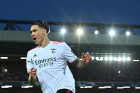 Benfica's Uruguayan forward Darwin Nunez reacts after is goal is disallowed due to his offside position during the UEFA Champions League quarter final second leg football match between Liverpool and Benfica at the Anfield stadium, in Liverpool, on April 13, 2022. (Photo by Paul ELLIS / AFP) (Photo by PAUL ELLIS/AFP via Getty Images)