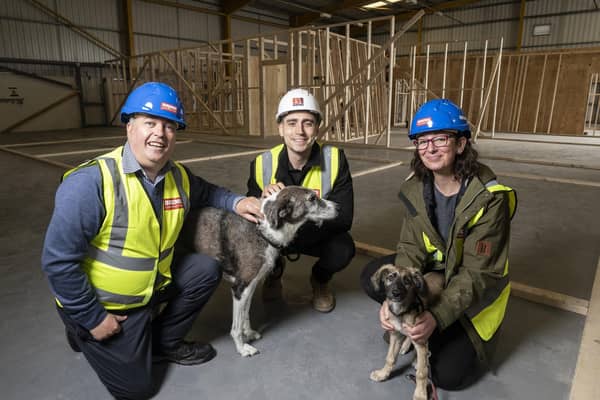 From L to R Iain Kennair, Project Manager at Bridge Referrals and Pebble, Dan Miller, Site Manager, Brims Construction and Sarah Harrison, Director and Veterinary Ophthalmologist and Ernie.