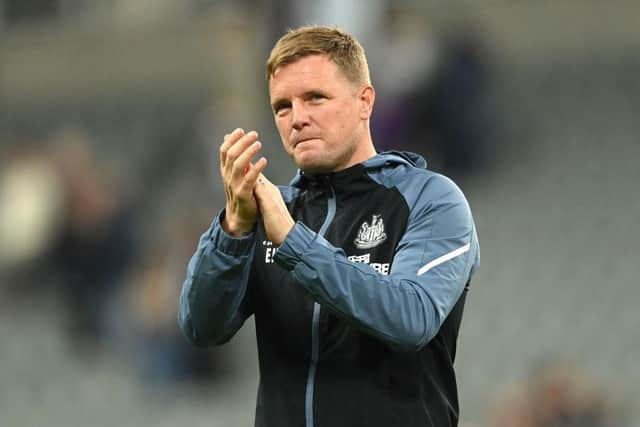 Newcastle head coach Eddie Howe applauds fans after last month's friendly against Atalanta.