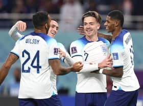England goalscorer Jack Grealish celebrates with Marcus Rashford, Phil Foden and Callum Wilson.