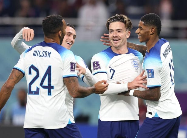 England goalscorer Jack Grealish celebrates with Marcus Rashford, Phil Foden and Callum Wilson.