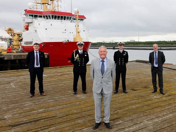 Pictured L-R: Stephen Lee (UK Docks), Commodore Phillip Waterhouse, Harry Wilson (UK Docks), Commanding Officer Captain Michael Wood MBE and Jonathan Wilson (UK Docks).

Today, Tuesday 13th July 2021, HMS Protector hosted local dignitaries whilst under pre-Antarctic maintenance.
The Ice Breaker was visited by Commodore Waterhouse the Naval regional Commander, Local MP Jacob Young, Tees Valley Mayor Ben Houchen, The Lord Lieutenant of North Yorkshire Mrs Jo Ropner, Members of Middlesbrough Council and police Force and Members of UK Docks.